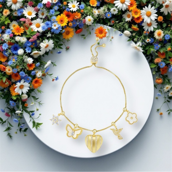 18K Gold Plated & Cubic Zirconia Charm Slider Bracelet with Heart and Butterfly - Picture 1 of 8